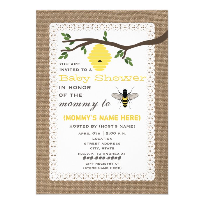 Burlap Inspired Honey Bee Themed Baby Shower Custom Invite