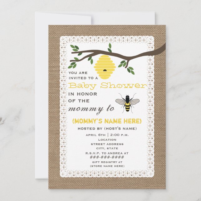 Burlap Inspired Honey Bee Themed Baby Shower Invitation (Front)