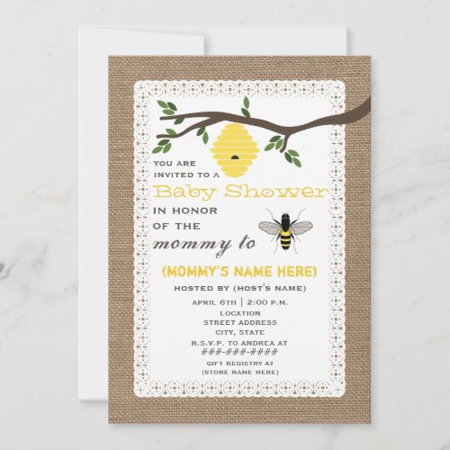 Burlap Inspired Honey Bee Themed Baby Shower Custom Invite
