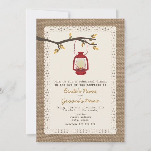 Burlap Inspired Lantern Camping Fall Rehearsal Invitation