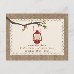 Burlap Inspired Lantern Fall Wedding Save The Date Announcement Postcard