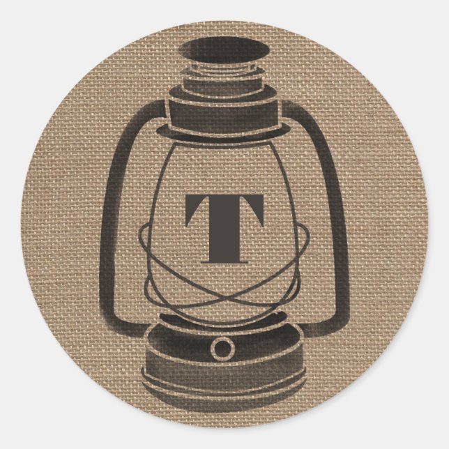 Burlap Inspired Monogram Oil Lantern Classic Round Sticker (Front)