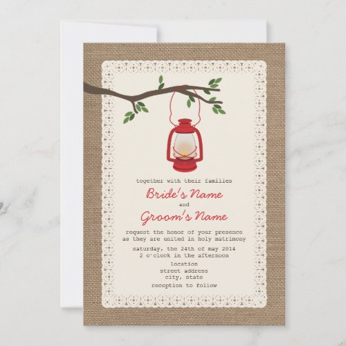 Burlap Inspired  Oil Lantern Camping Wedding Invitation