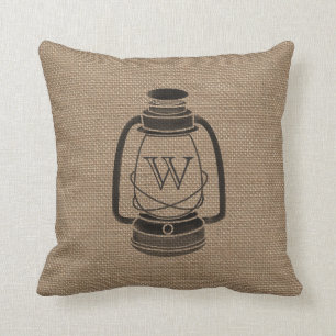 Burlap Inspired Oil Lantern Monogram Pillow