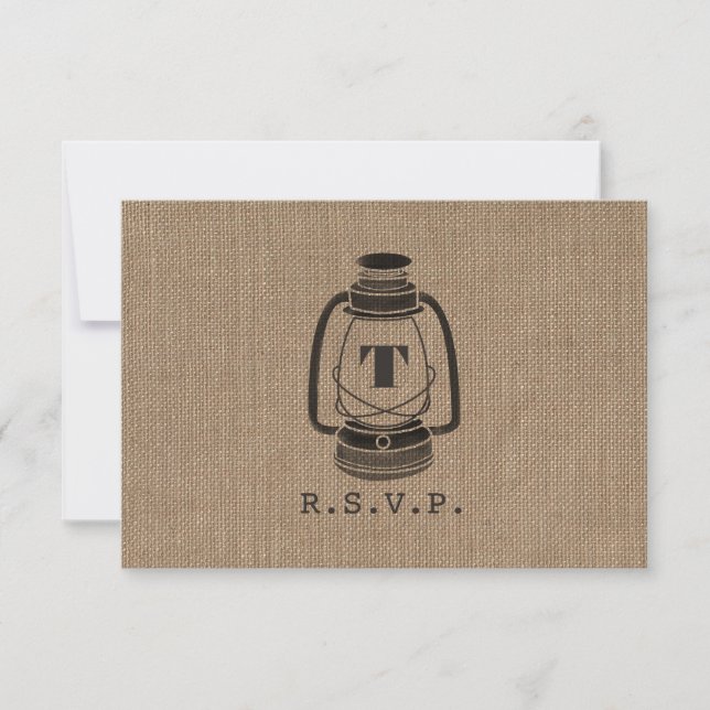 Burlap Inspired Oil Lantern Monogram R.S.V.P. RSVP Card (Front)