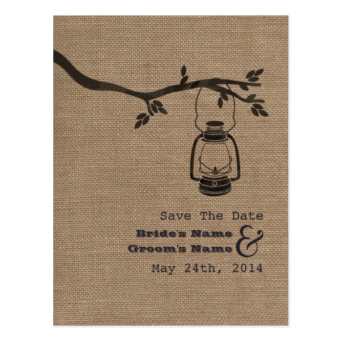 Burlap Inspired Oil Lantern Rustic Save The Date Post Card