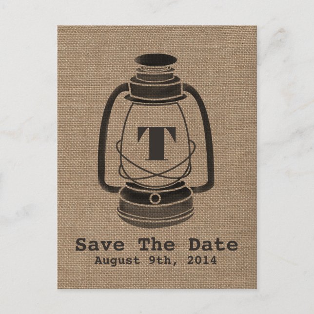 Burlap Inspired Oil Lantern Save The Date Postcard (Front)