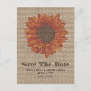 Burlap Inspired Orange Sunflower Save The Date Announcement Postcard