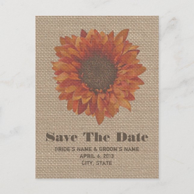 Burlap Inspired Orange Sunflower Save The Date Announcement Postcard (Front)