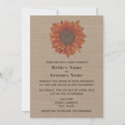 Burlap Inspired Orange Sunflower Wedding Invite