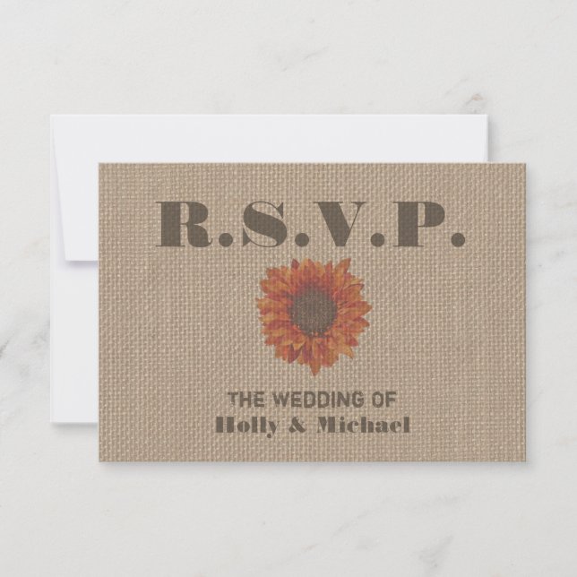 Burlap Inspired Orange Sunflower Wedding RSVP Card (Front)