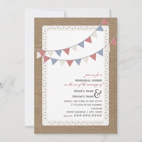 Burlap Inspired Patterned Bunting Rehearsal Dinner Personalized Announcement