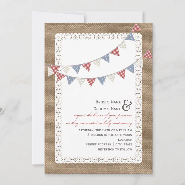 Burlap Inspired Patterned Bunting Wedding Invitation | Zazzle