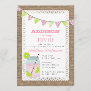 Burlap Inspired Pink Lemonade & Lime Birthday Invitation