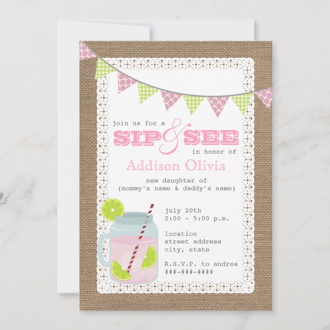 Burlap Inspired Pink Lemonade & Lime Sip + See Invitation (Front)