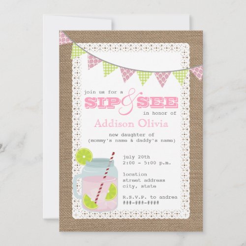 Burlap Inspired Pink Lemonade &amp; Lime Sip + See Custom Invitation