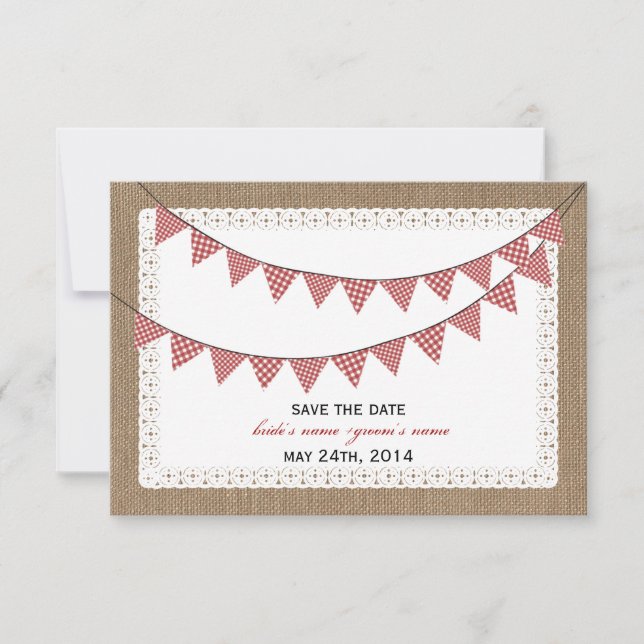 Burlap Inspired Red Gingham Bunting Save Date Save The Date (Front)