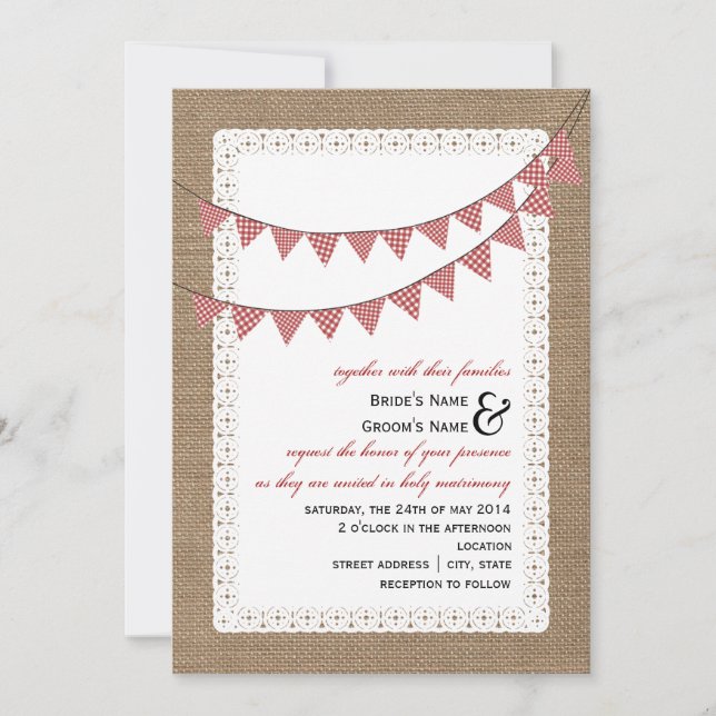 Burlap Inspired Red Gingham Bunting Wedding Invitation (Front)