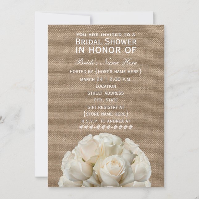 Burlap Inspired White Roses Bridal Shower Invite (Front)