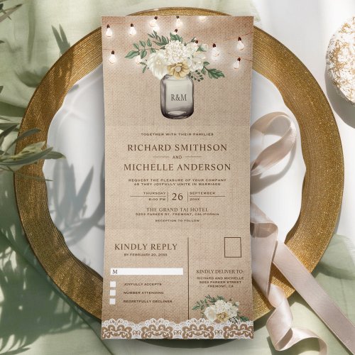 Burlap Ivory Floral Mason Jar String Light Wedding Tri_Fold Invitation
