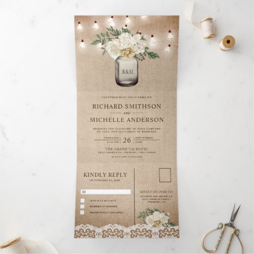 Burlap Ivory Floral Mason Jar String Light Wedding Tri_Fold Invitation