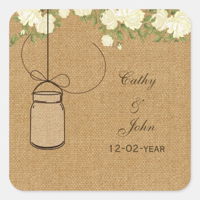 burlap ivory rose mason jar wedding favor stickers (Front)