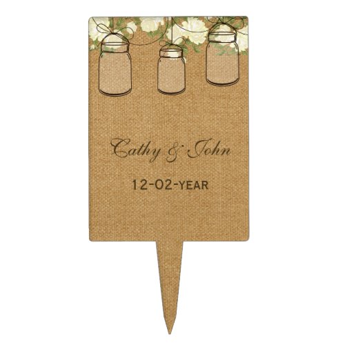 burlap ivory roses mason jar wedding  cake picks