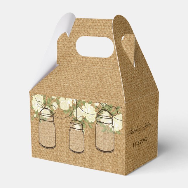 burlap ivory roses mason jar wedding favor box (Back Side)
