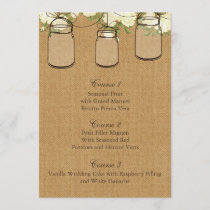 burlap ivory roses mason jar wedding menu cards