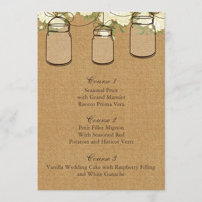 burlap ivory roses mason jar wedding menu cards (Front)