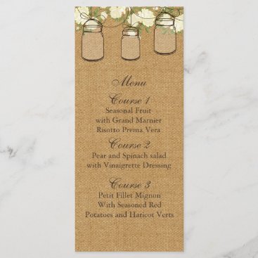 burlap ivory roses mason jar wedding menu cards