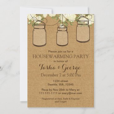 Burlap ivory roses Mason Jars housewarming Invite