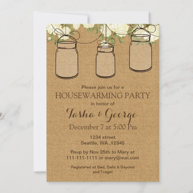 Burlap ivory roses Mason Jars housewarming Invite (Front)