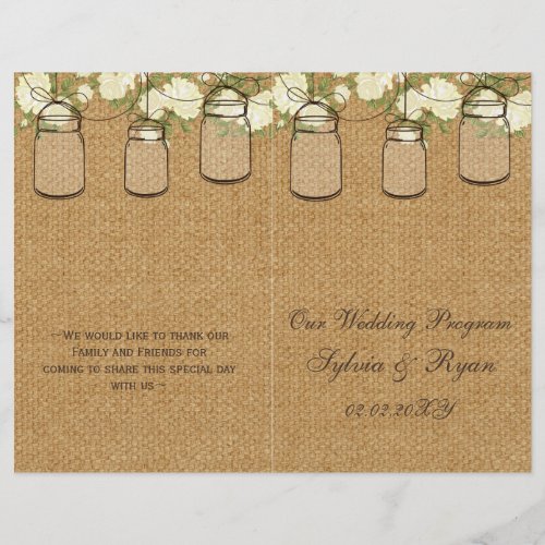 burlap ivory roses mason jars programs folded