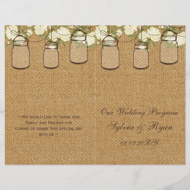 burlap ivory roses mason jars programs folded (Front)