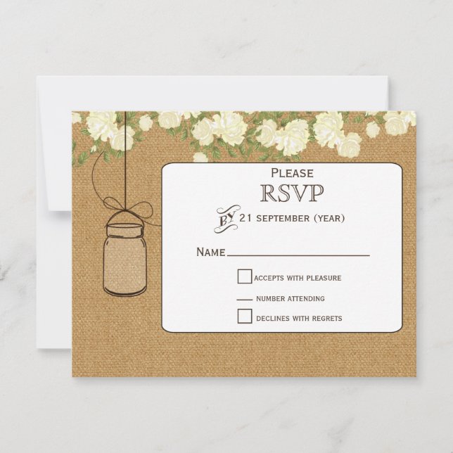burlap ivory roses mason jars wedding RSVP (Front)