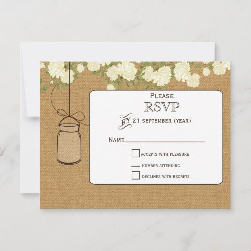 burlap ivory roses mason jars wedding RSVP