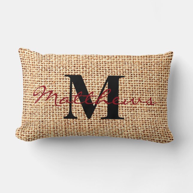Burlap Jute Rustic Family Name Monogram Pillow (Front)