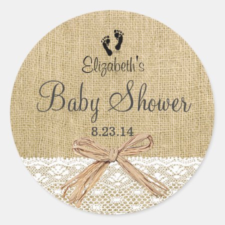 Burlap Lace And Footprints Baby Shower- Favor Classic Round Sticker