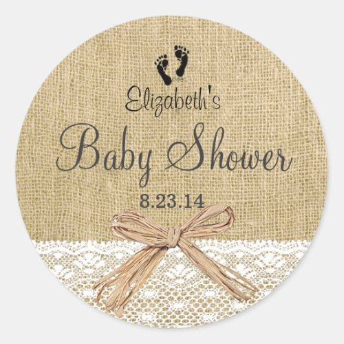 Burlap Lace and Footprints Baby Shower_ Favor Classic Round Sticker