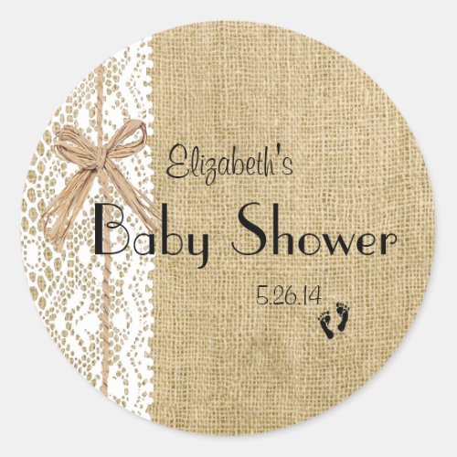 Burlap Lace and Rafia Image Baby Shower_Favor Classic Round Sticker