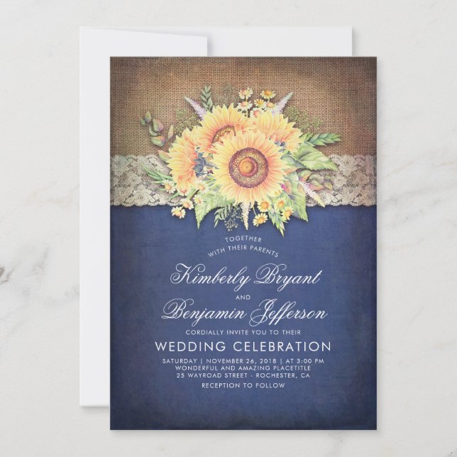 Burlap Lace and Sunflower Navy Rustic Fall Wedding Invitation (Front)