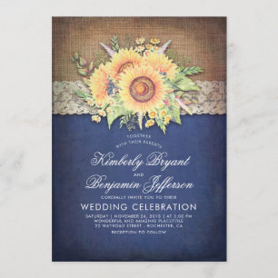 Burlap Lace and Sunflower Navy Rustic Fall Wedding Invitation