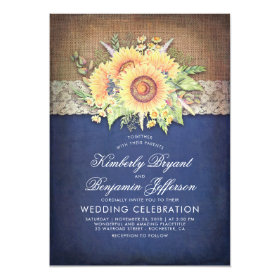 Burlap Lace and Sunflower Navy Rustic Fall Wedding Invitation