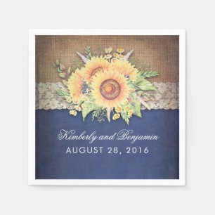 Burlap Lace and Sunflower Navy Rustic Fall Wedding Napkins