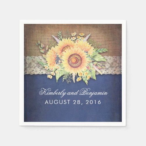 Burlap Lace and Sunflower Navy Rustic Fall Wedding Napkins