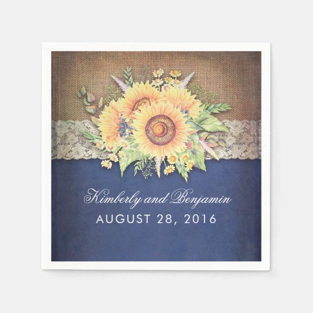 Burlap Lace and Sunflower Navy Rustic Fall Wedding Napkins (Front)