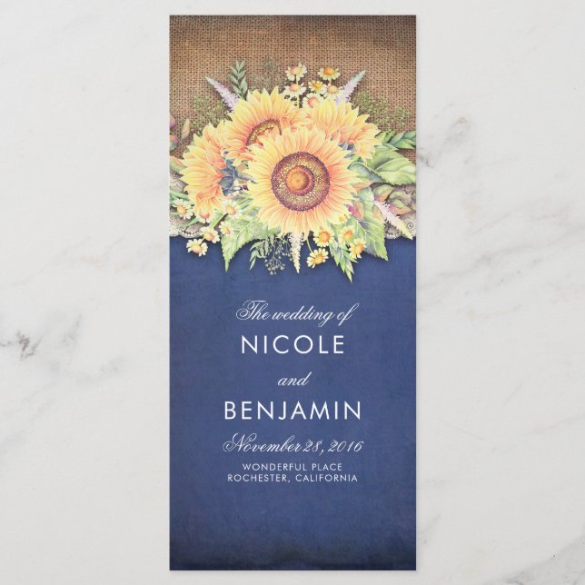 Burlap Lace and Sunflowers Navy Wedding Programs (Front)