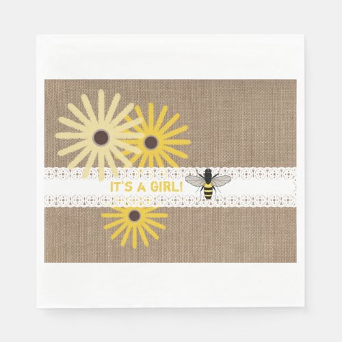 Burlap  Lace Bee Girl Baby Shower Napkins
