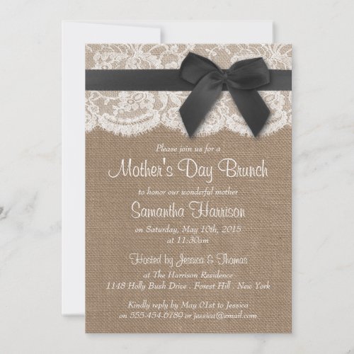 Burlap Lace  Black Bow Mothers Day Brunch Invitation